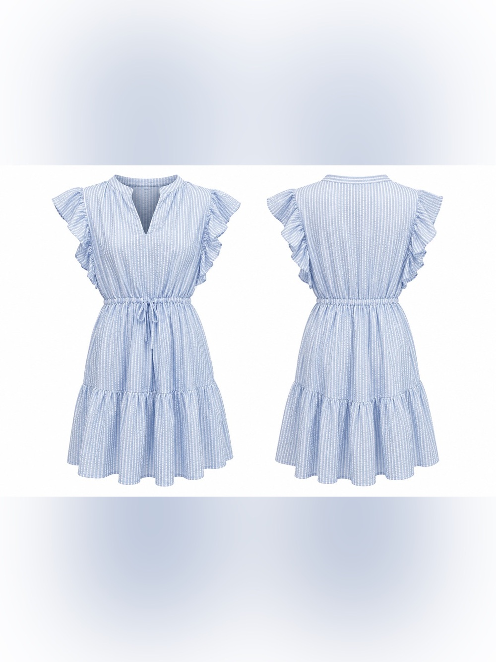 NWT - Light Blue Seersucker Drawstring Waist Summer Dress with Pockets